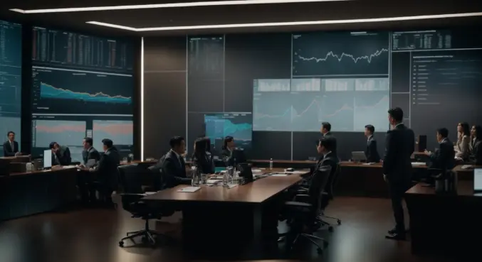 A large office space with people in suits discussing how they can improve performance with an enterprise AI platform