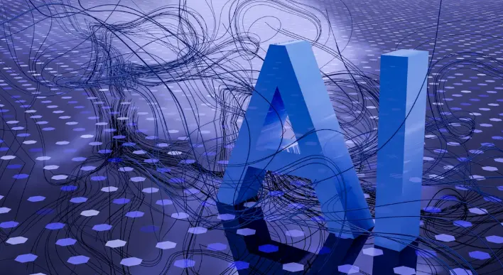 A screen with blue hexagons, squiggly blue lines, and AI spelled in blue block letters, representing an enterprise AI platform